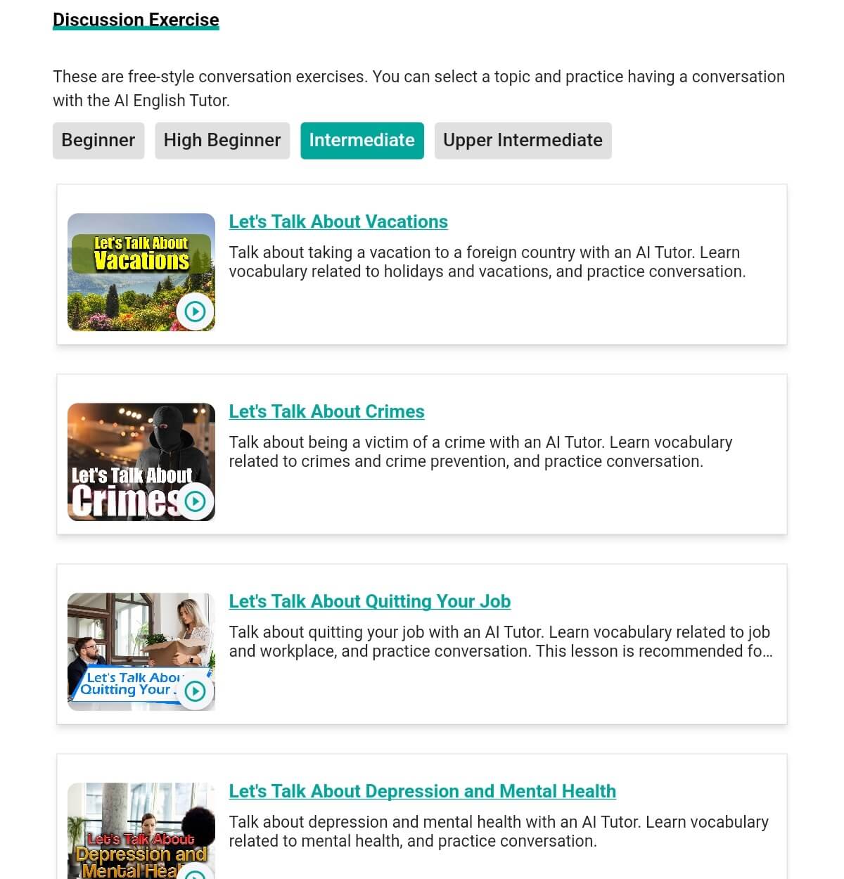 A screenshot of conversation topics