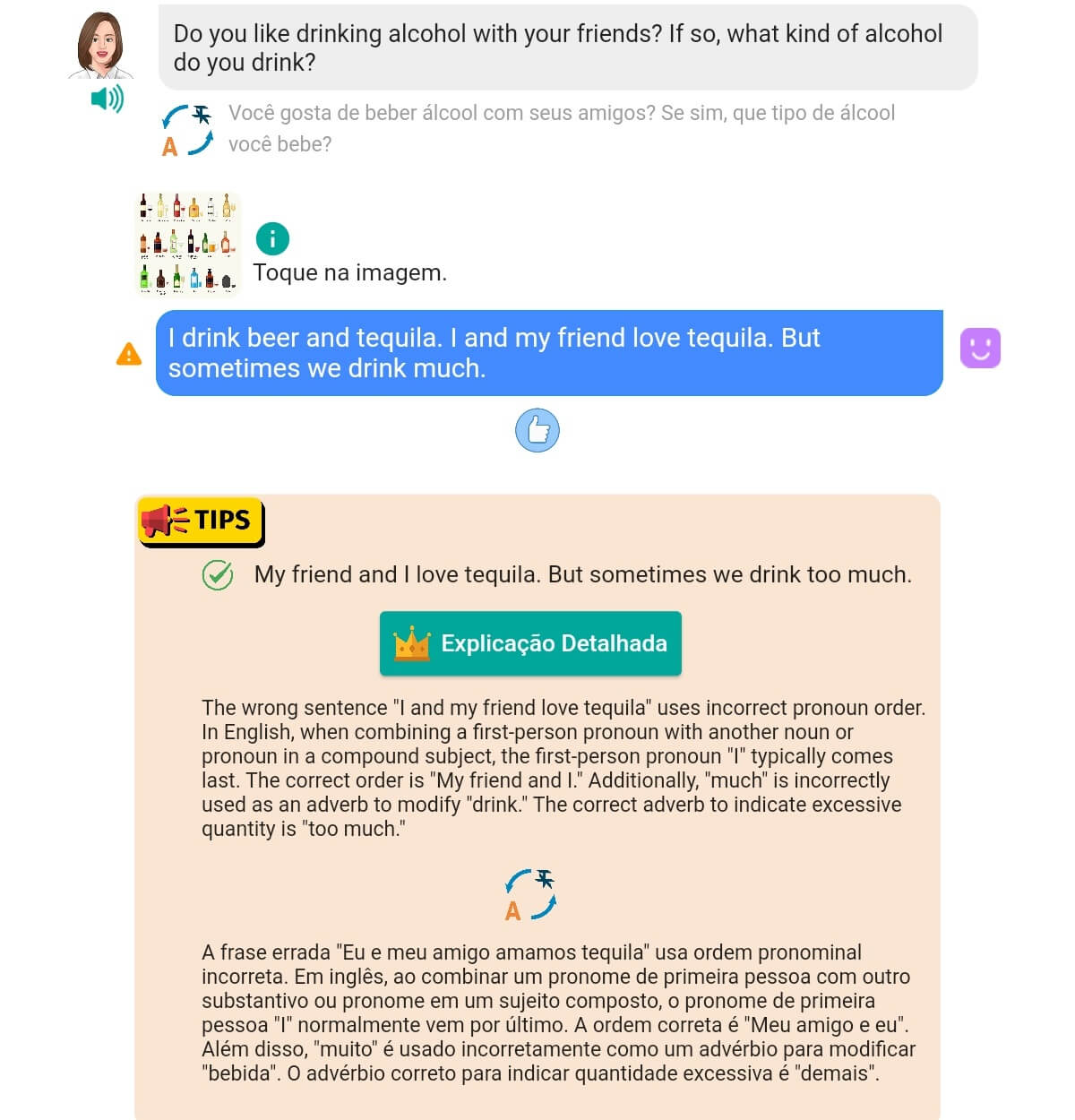 A screenshot of conversation lesson with grammar feedback