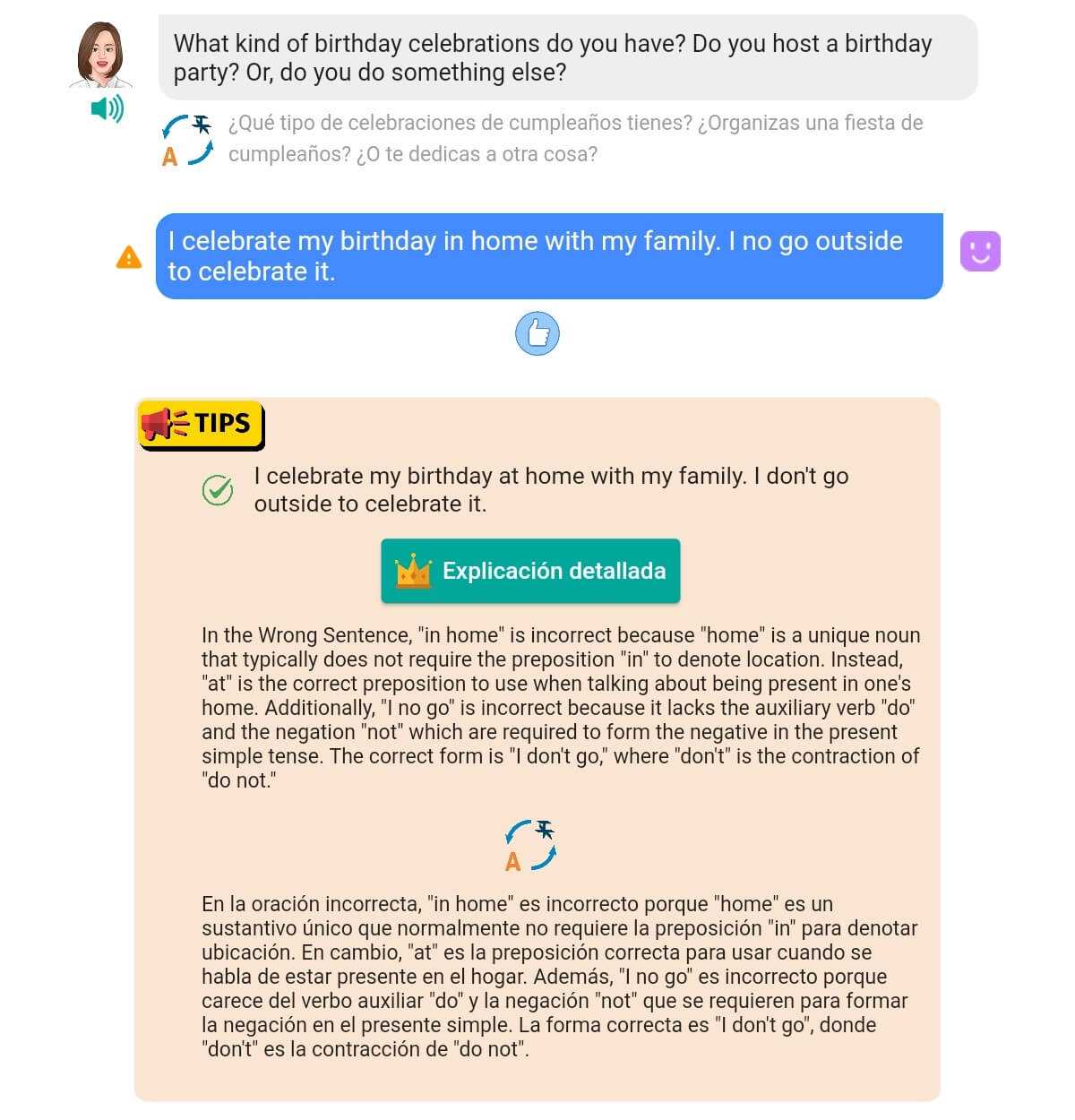 A screenshot of grammar feedback