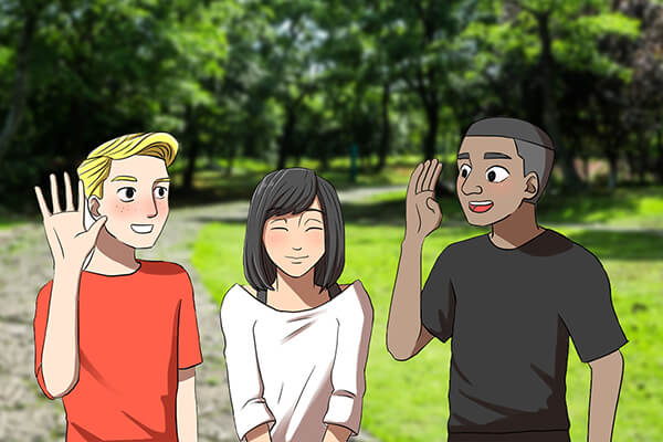 Three friends meeting each other